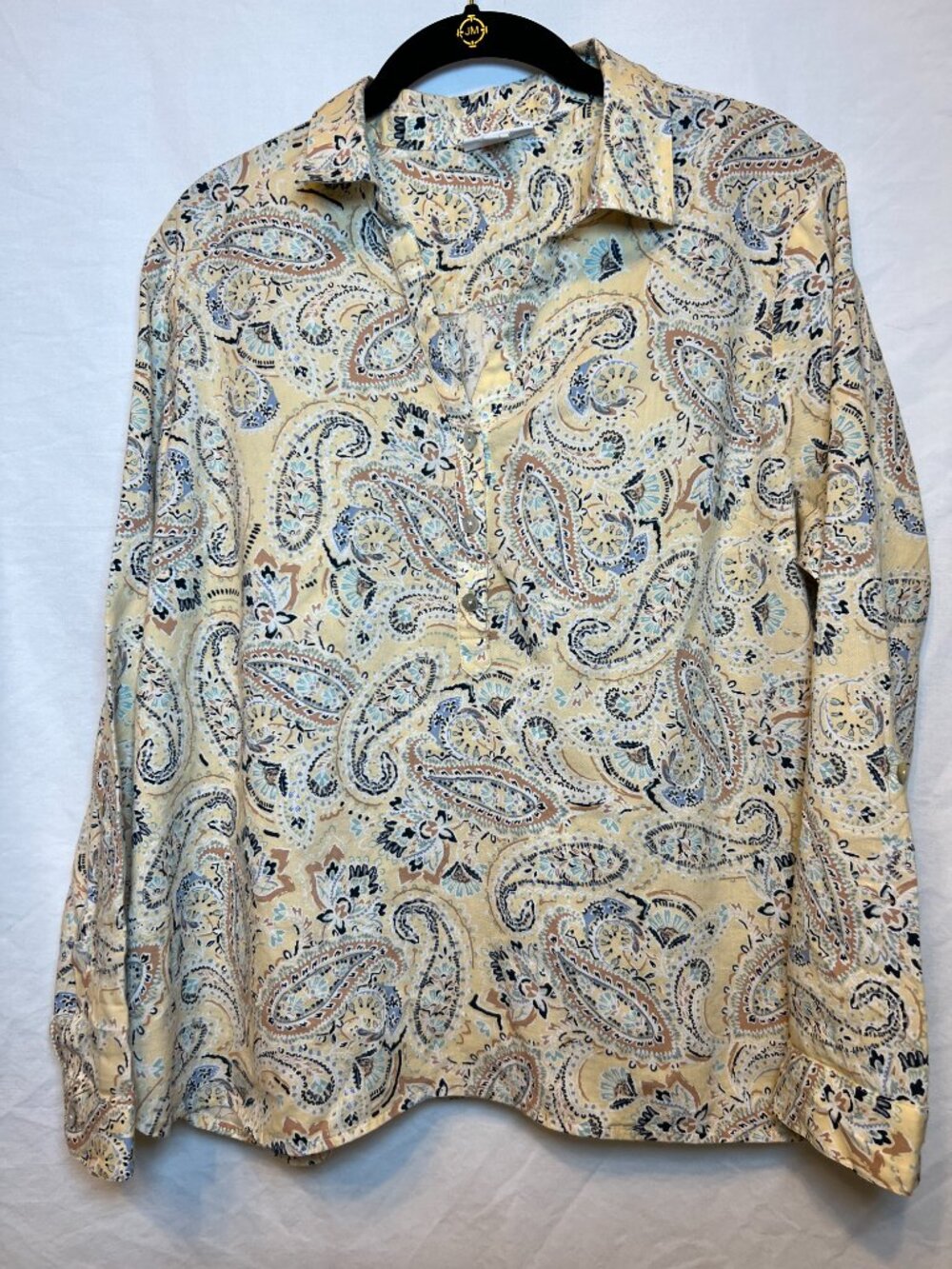 J. Jill Button Down Shirt Size LARGE PETITE Cotton Yellow Brown Navy Tab Sleeve